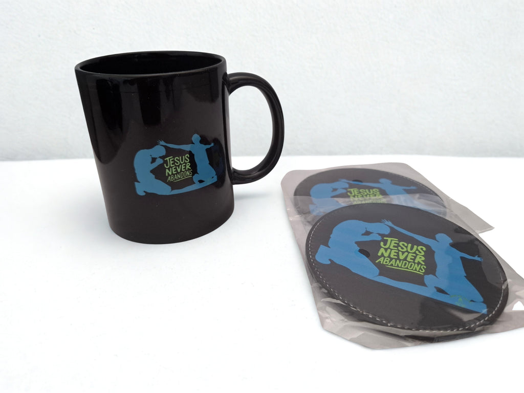 "Jesus never abandons"  mug and 2pc coaster set