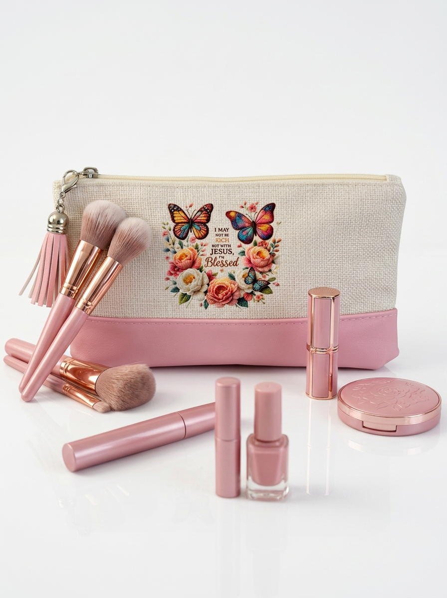 Pink "with Jesus i'm blessed"  Cosmetic Case
