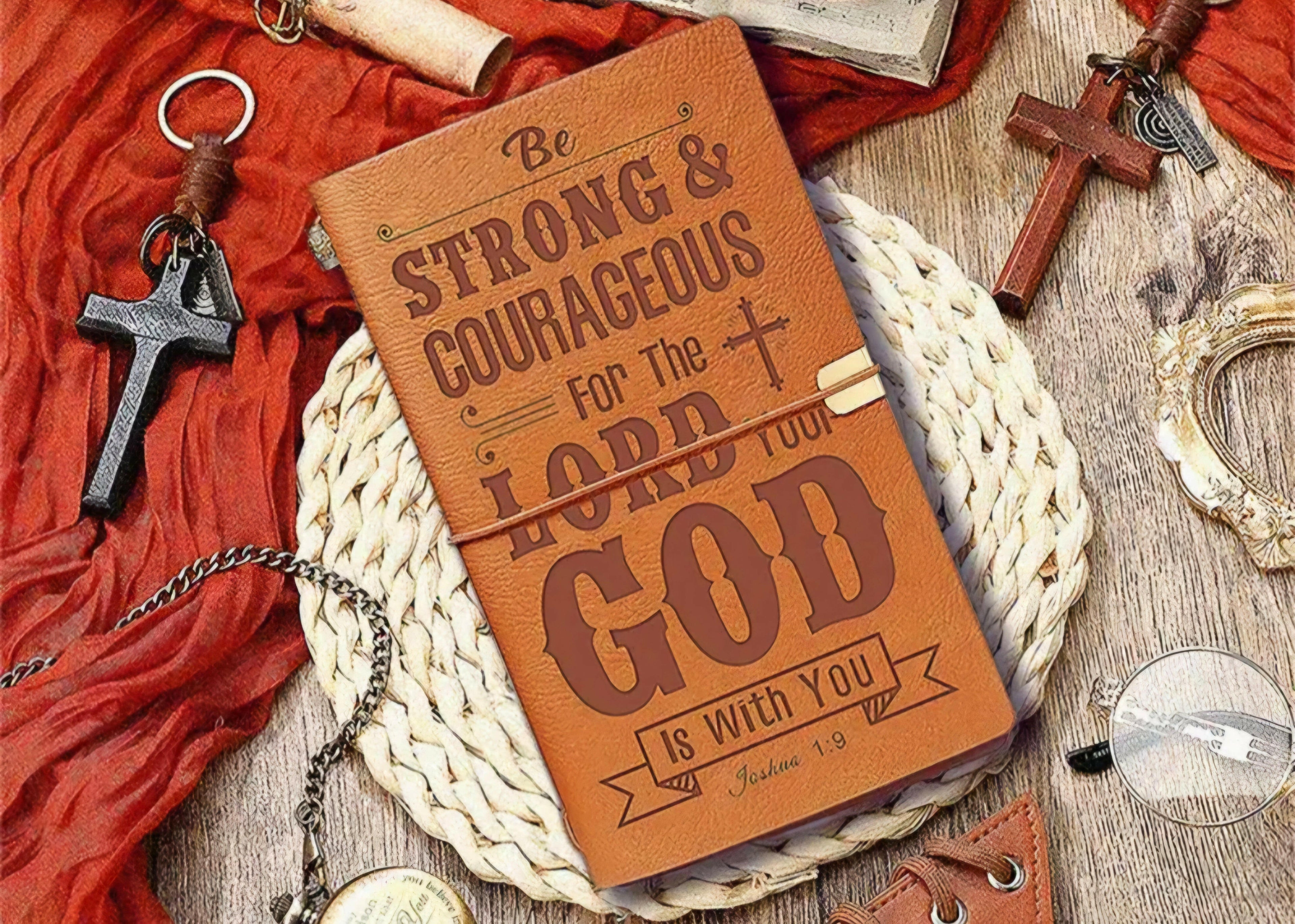 “Be strong and courageous”  Joshua 1:9  faux leather journal