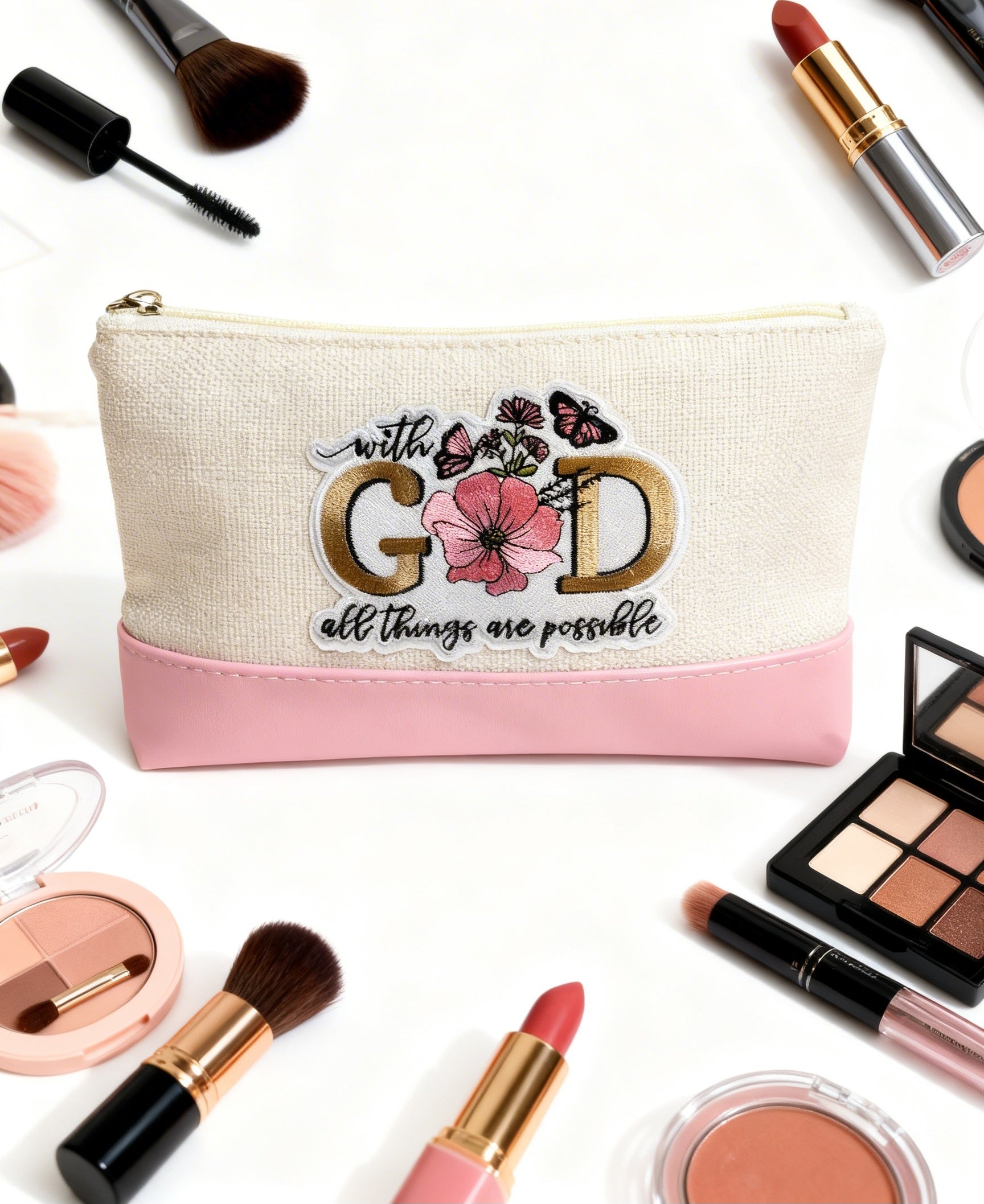 Pink "With God all things are possible"  Cosmetic Case