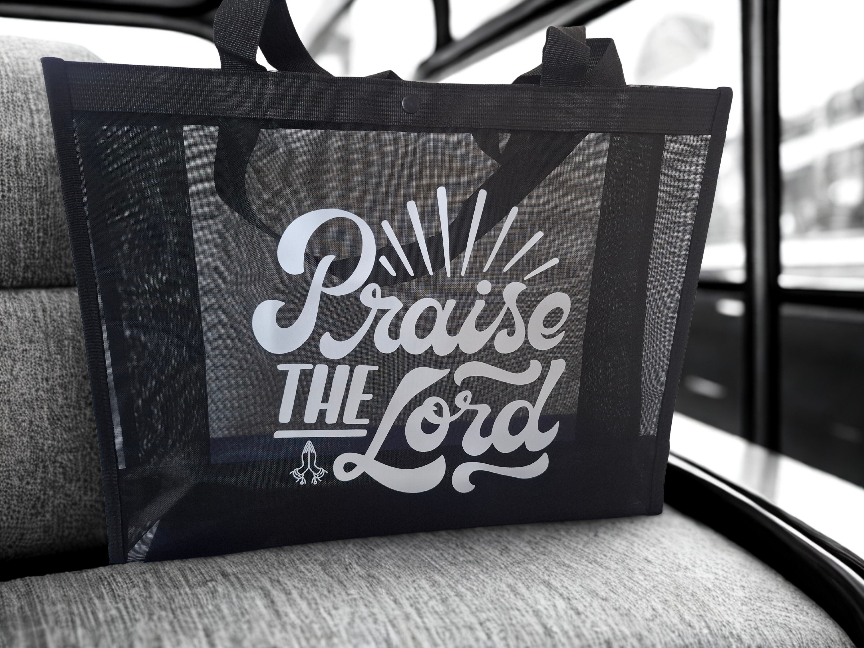 “ Praise the Lord  ”  large mesh tote bag colour black with white writing