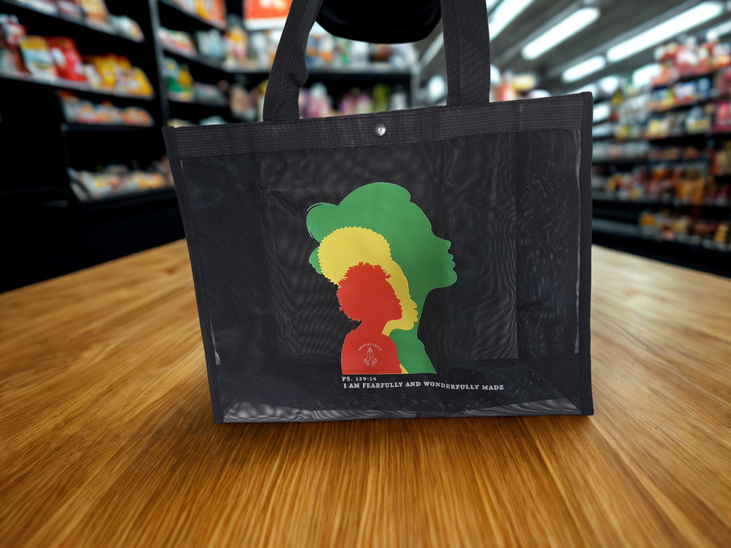 “I am fearfully and wonderfully made ”  large mesh tote bag colour black