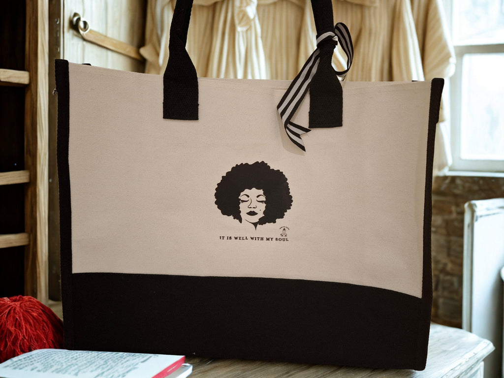 "It is well with my soul"  extra large tote bag  in black and white