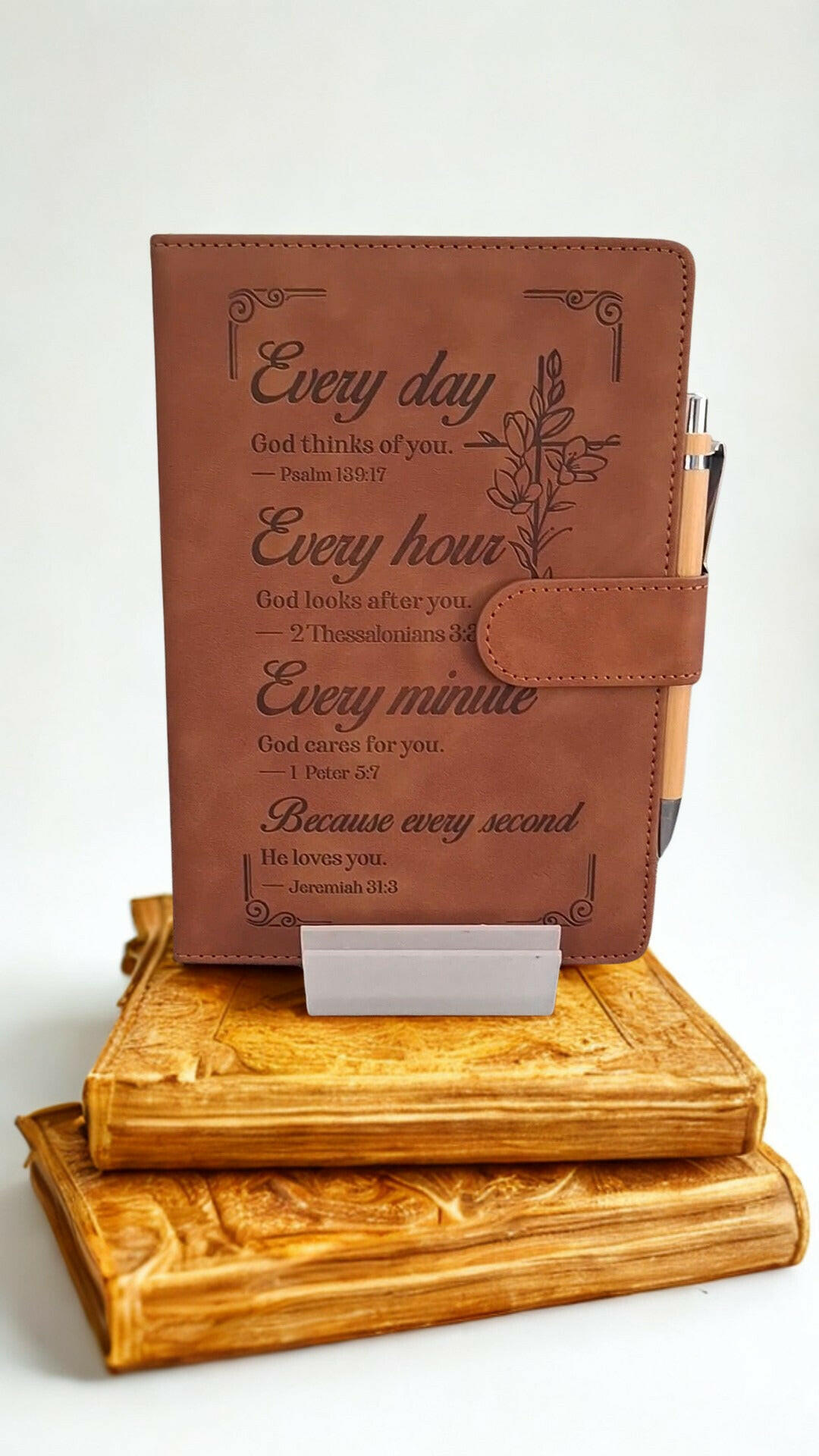 “Every day, every hour” faux leather journal with inscribed pen
