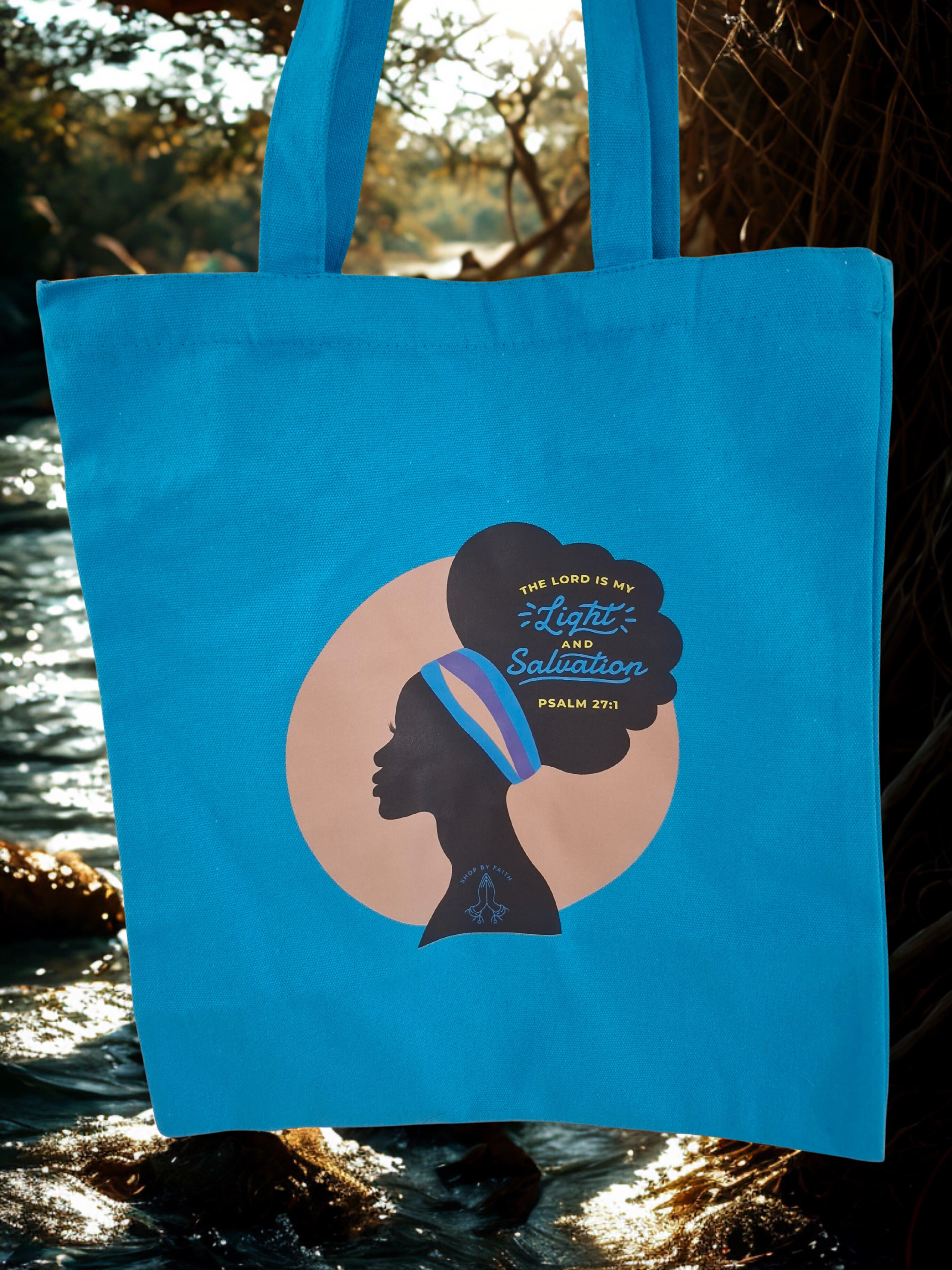 “The Lord is my light and Salvation” value tote bag in blue